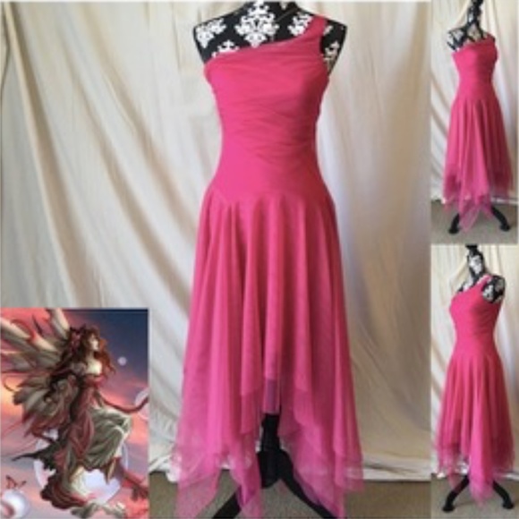 Vintage Dresses & Skirts - Vintage "Fairy" Asymmetrical Hem Pink Chiffon One Shoulder Midi Dress, XS